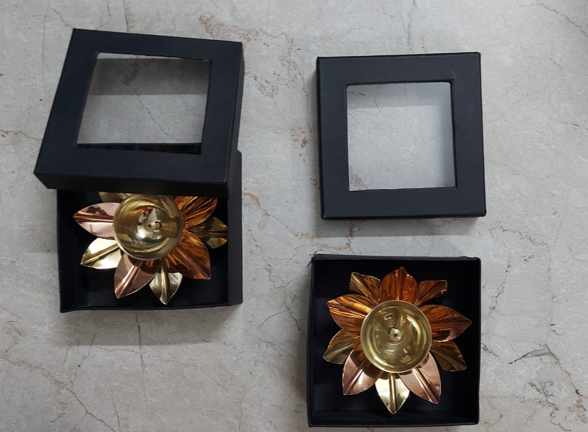 Copper Brass Lotus Diya 5 Inch with Box (Set of 2)