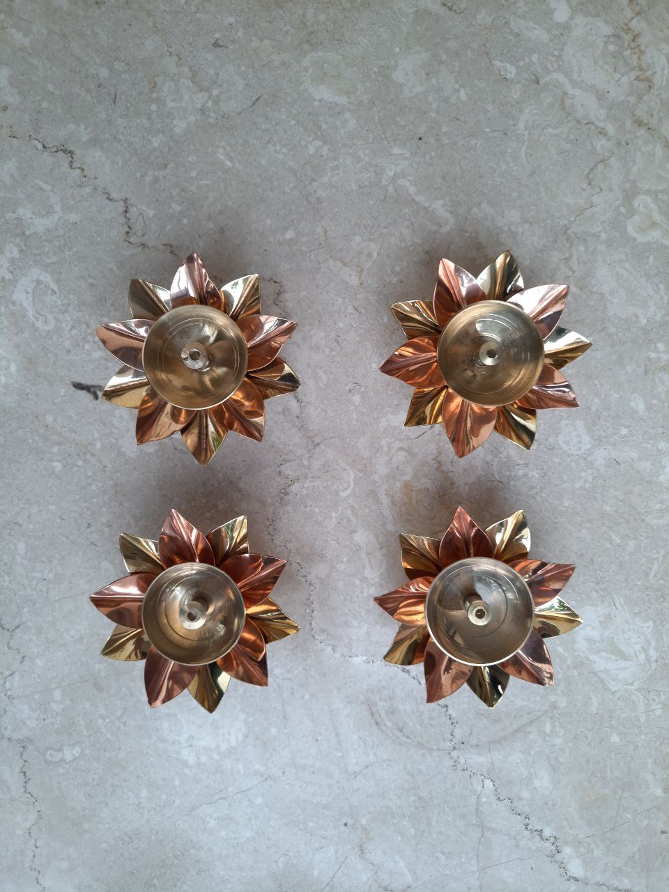 Copper Brass Lotus Shaped Diya (Set of 4)