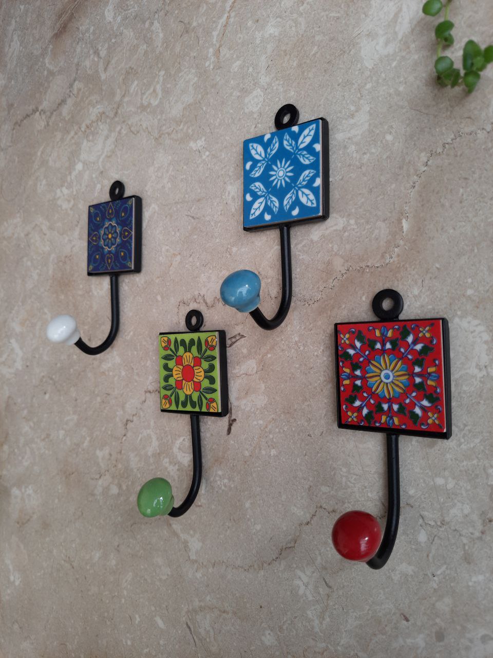 Multipurpose Decorative Hooks With Blue Pottery square Tiles 2 x 2 x 4.5 inches (Set of 4)