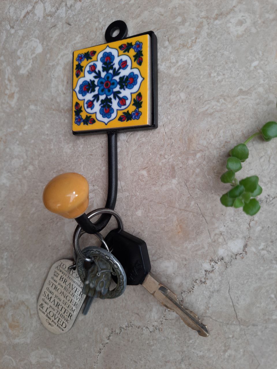 Multipurpose Decorative Hooks With Blue Pottery square Tiles 2 x 2 x 4.5 inches (Set of 4)