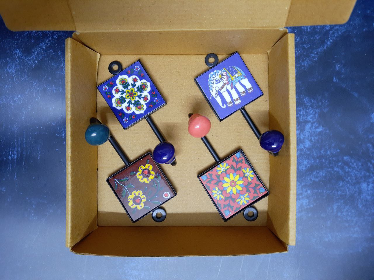 Multipurpose Decorative Hooks With Blue Pottery square Tiles 2 x 2 x 4.5 inches (Set of 4)