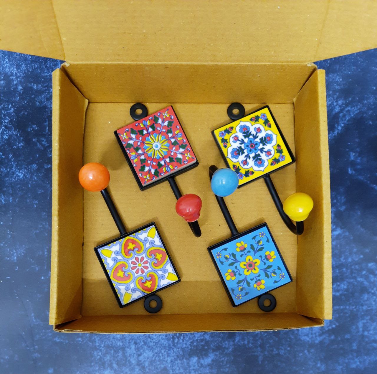 Multipurpose Decorative Hooks With Blue Pottery square Tiles 2 x 2 x 4.5 inches (Set of 4)