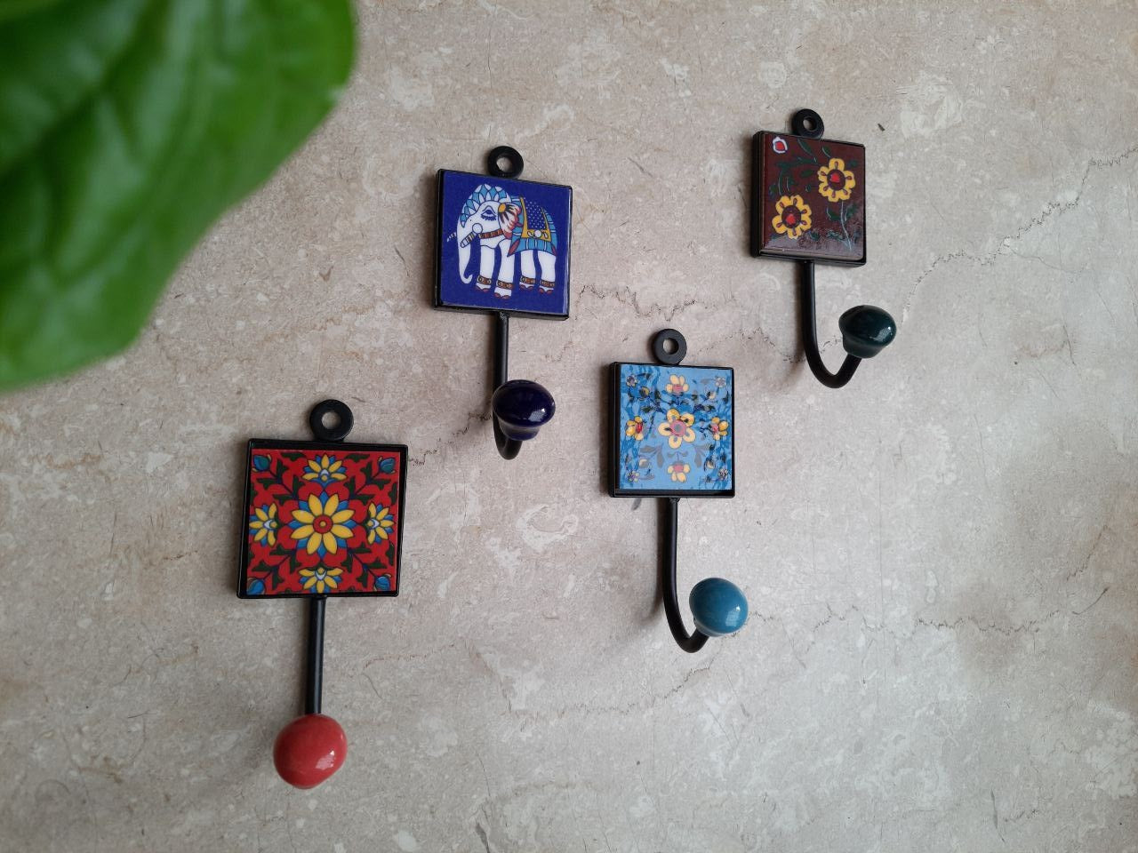 Multipurpose Decorative Hooks With Blue Pottery square Tiles 2 x 2 x 4.5 inches (Set of 4)